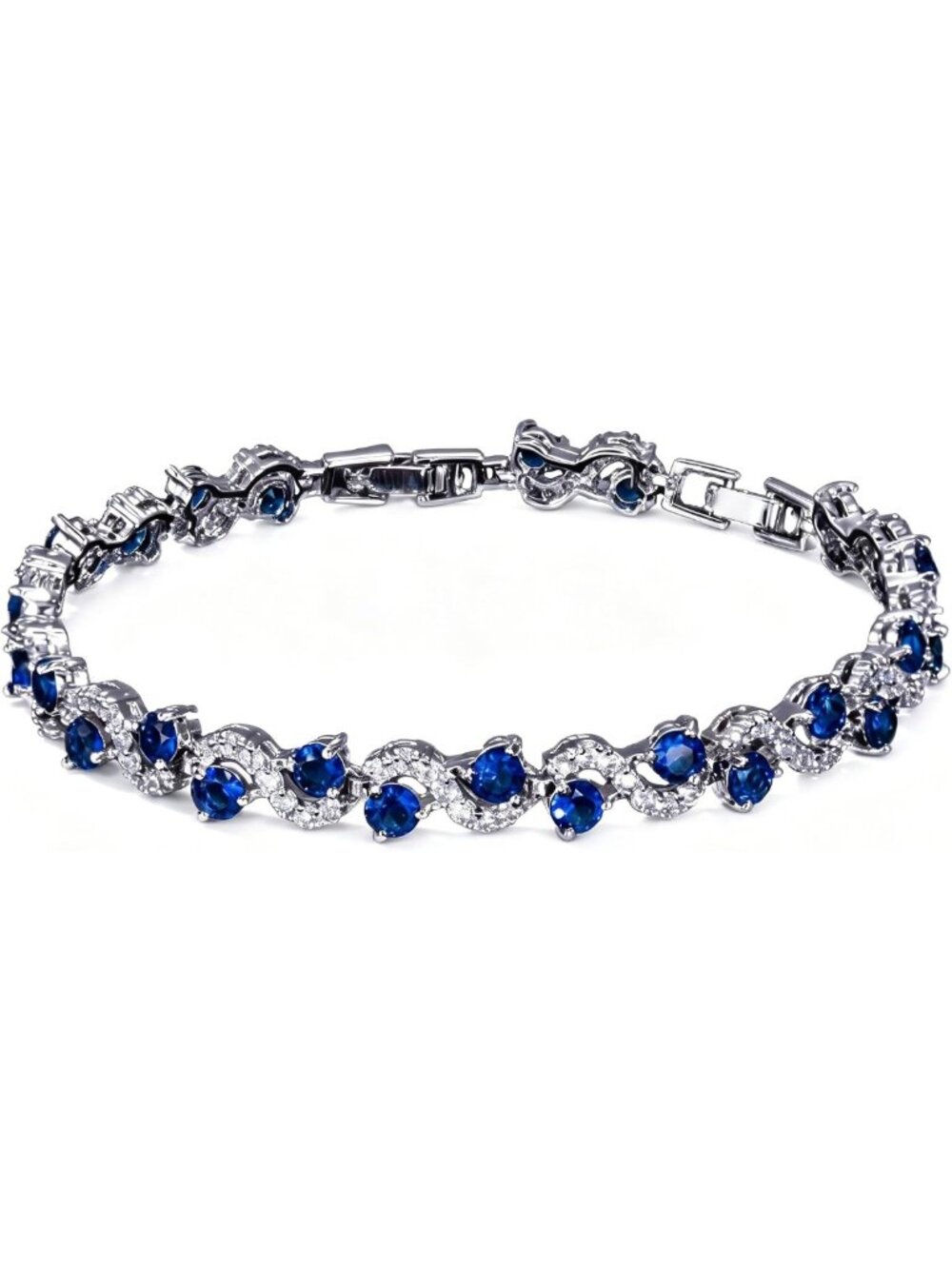 Sparkly Blue Sapphire Tennis Bracelet - Silver Plated Dainty Crystal Jewelry for